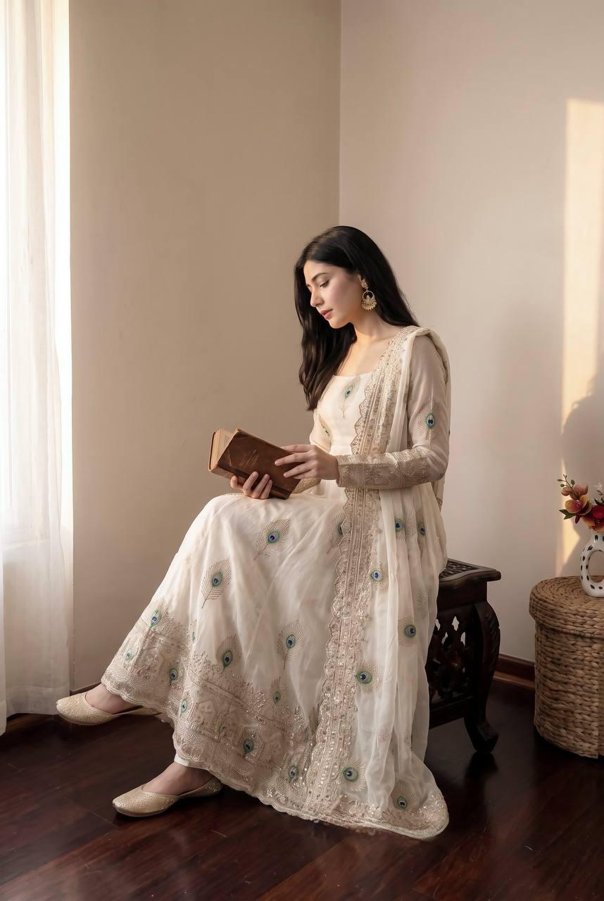 Heavy Fandy Silk Embroidered Gown Set with Zari Sequins Dupatta