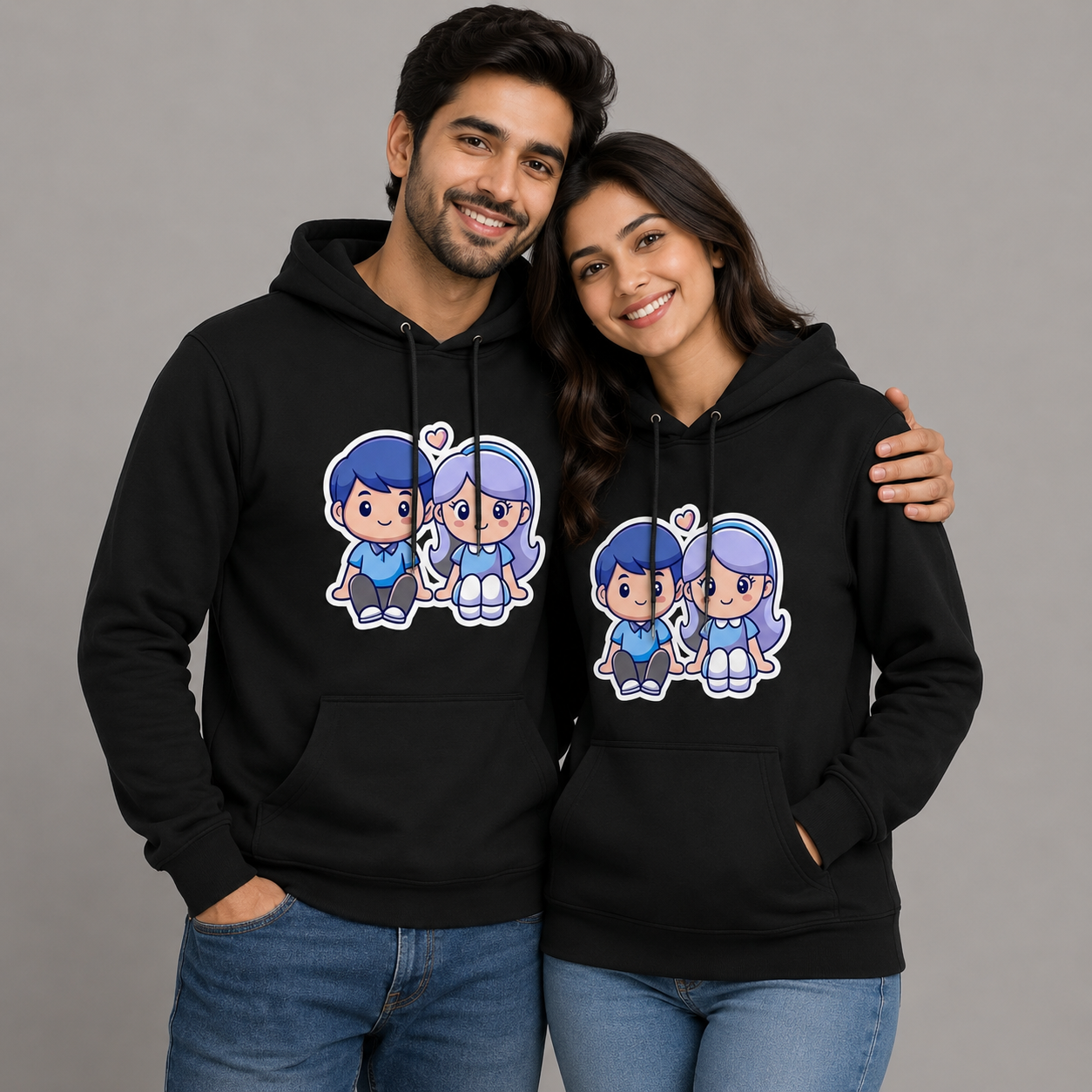 Two people wearing black hoodies with cartoon character design on a gray background