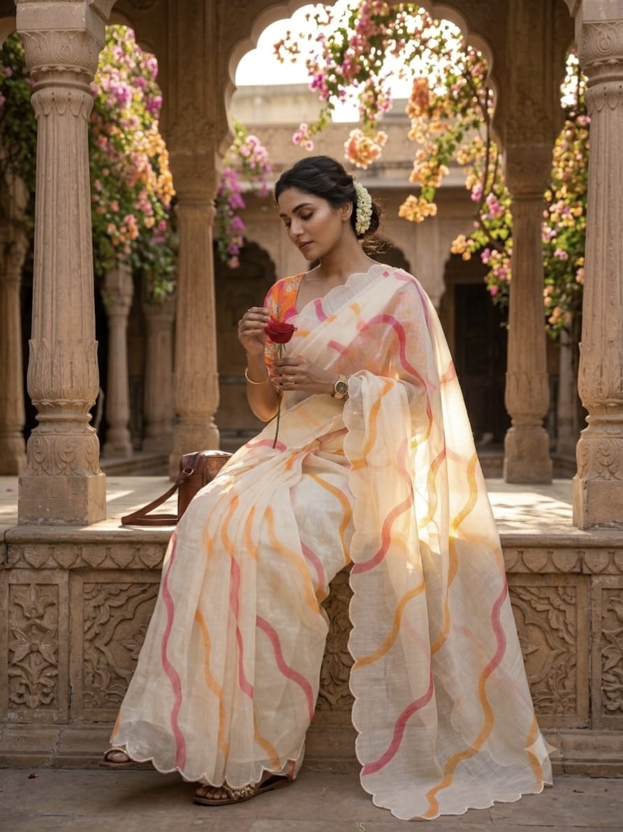 Lehariya Digital Print Linen Saree with Arco Border