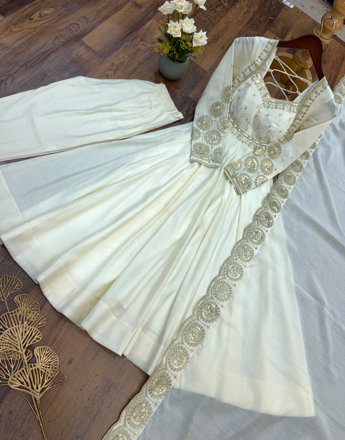 Roman Silk Embroidered Anarkali Gown Set with Chanderi Dupatta