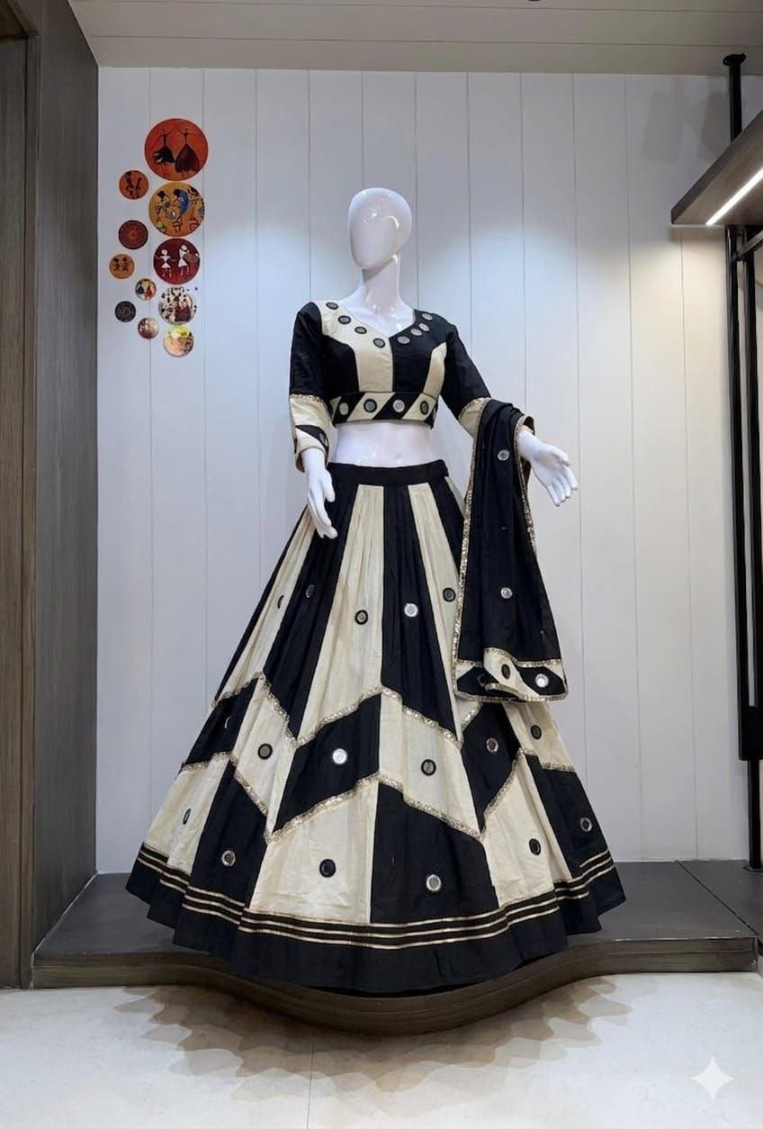 Mirror Work Khadi Cotton Lehenga Choli Set with Dupatta