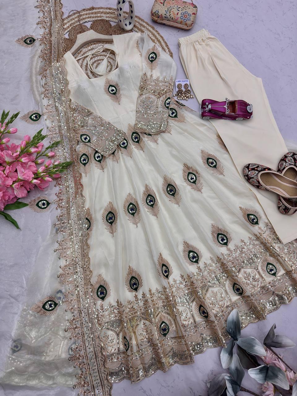 Heavy Fandy Silk Embroidered Gown Set with Zari Sequins Dupatta