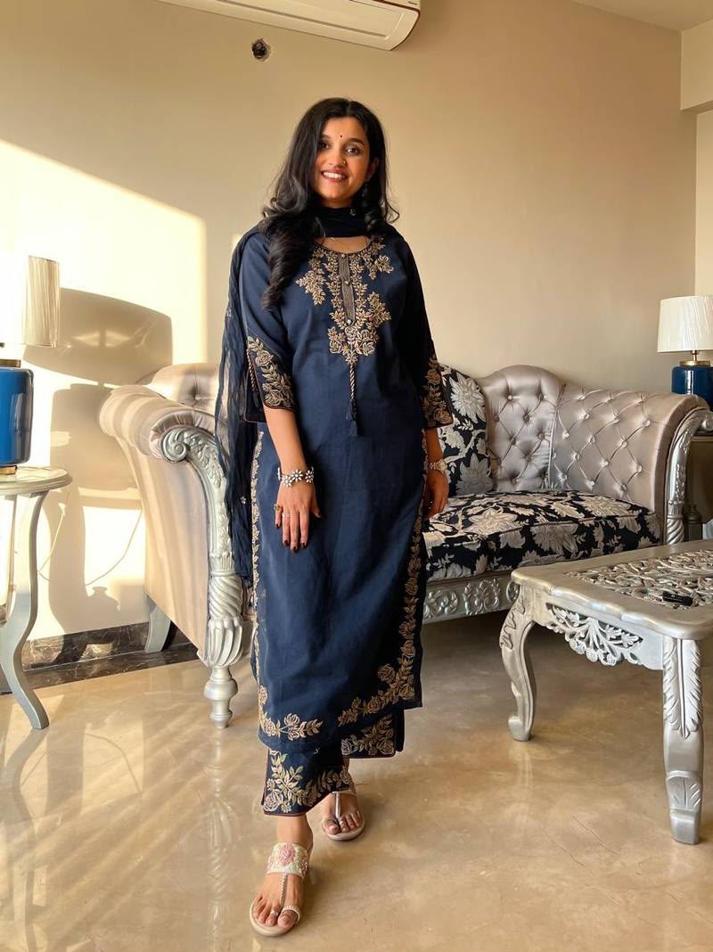 Embroidered Pure Cotton Kurti Pant Set with Dupatta