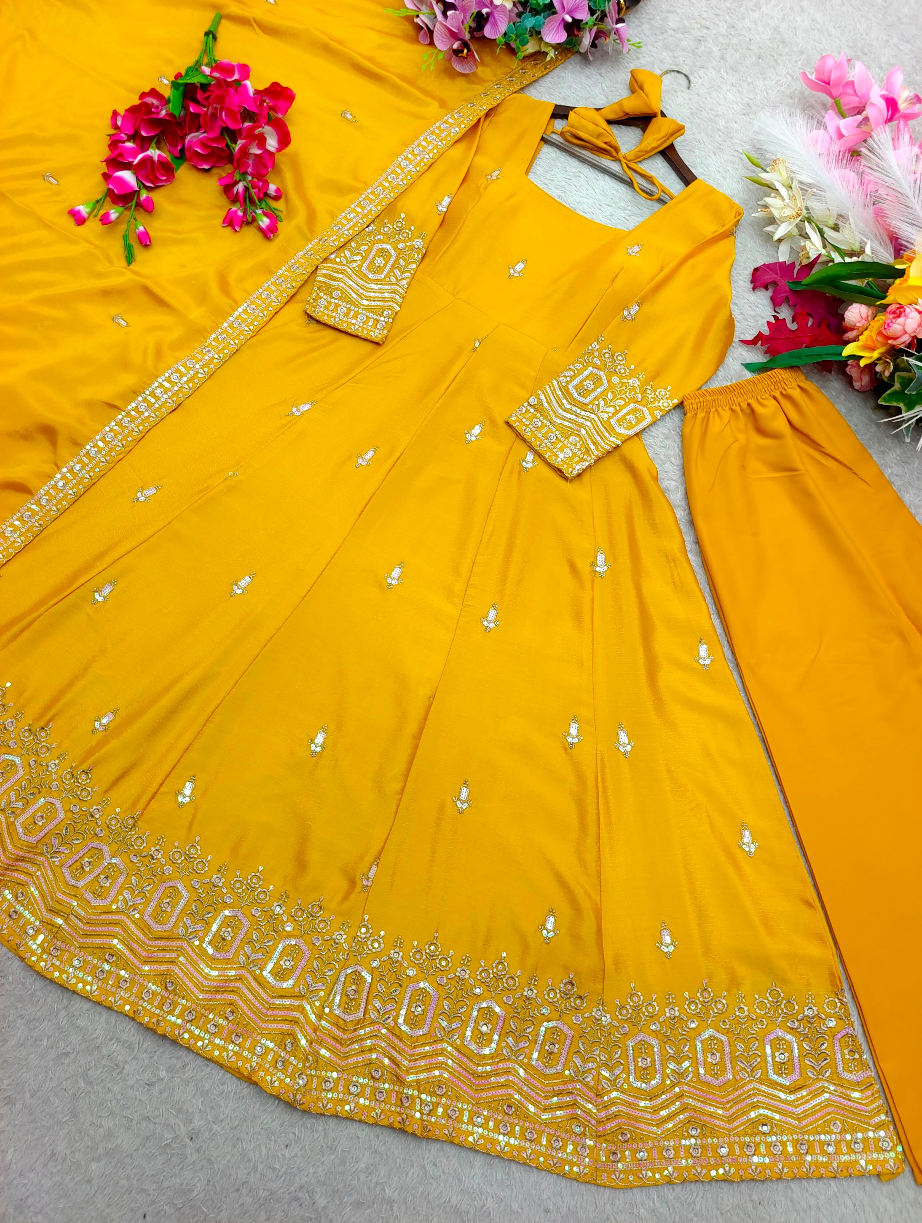 Embroidered Chinon Silk Gown Pant Set with Dupatta