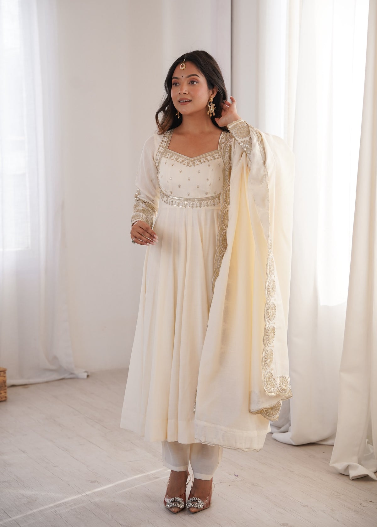 Roman Silk Embroidered Anarkali Gown Set with Chanderi Dupatta