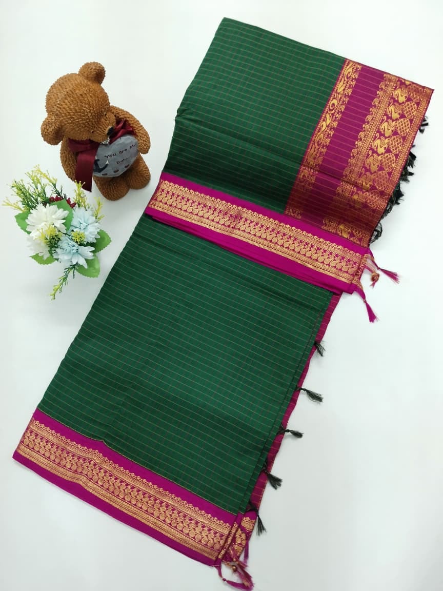 Checked Cotton Saree with Zari Pallu & Contrast Blouse