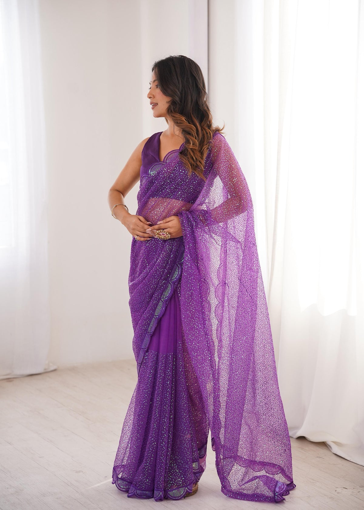 Soft Net Saree with Thread & Sequin Embroidery and Benglori Silk Blouse
