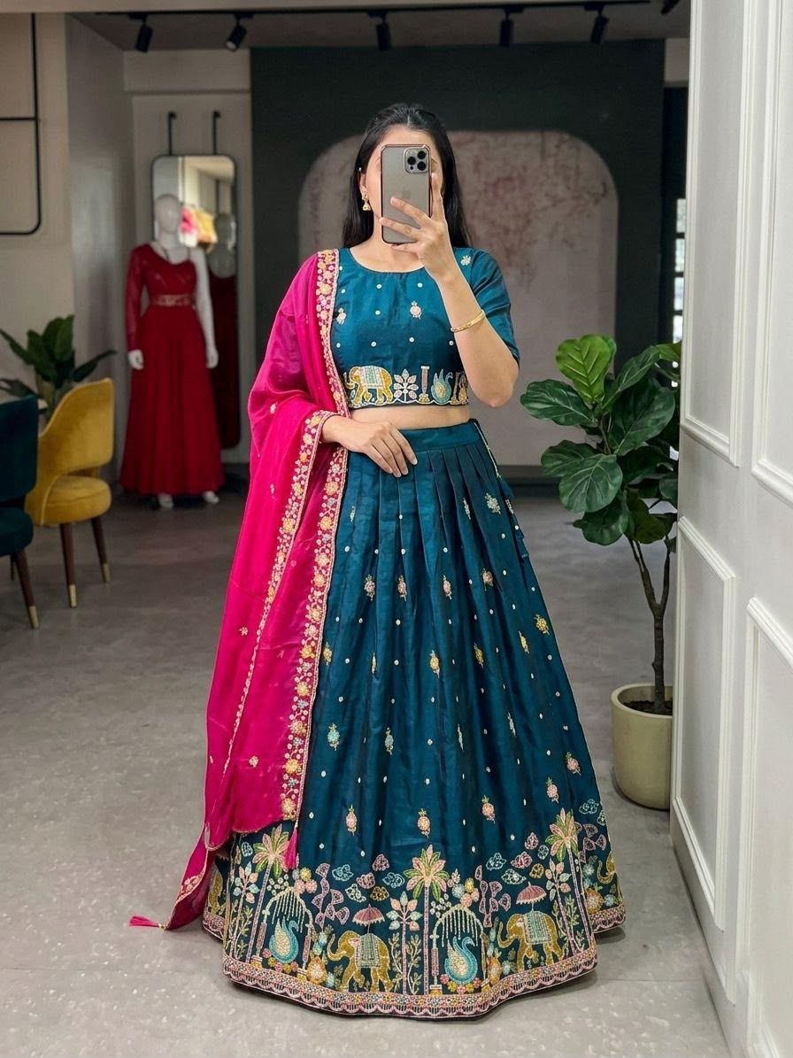 Designer Space Silk Embroidered Lehenga Choli with Dupatta