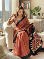 Semi Gajji Silk Ajrakh Print Saree with Mirror Work
