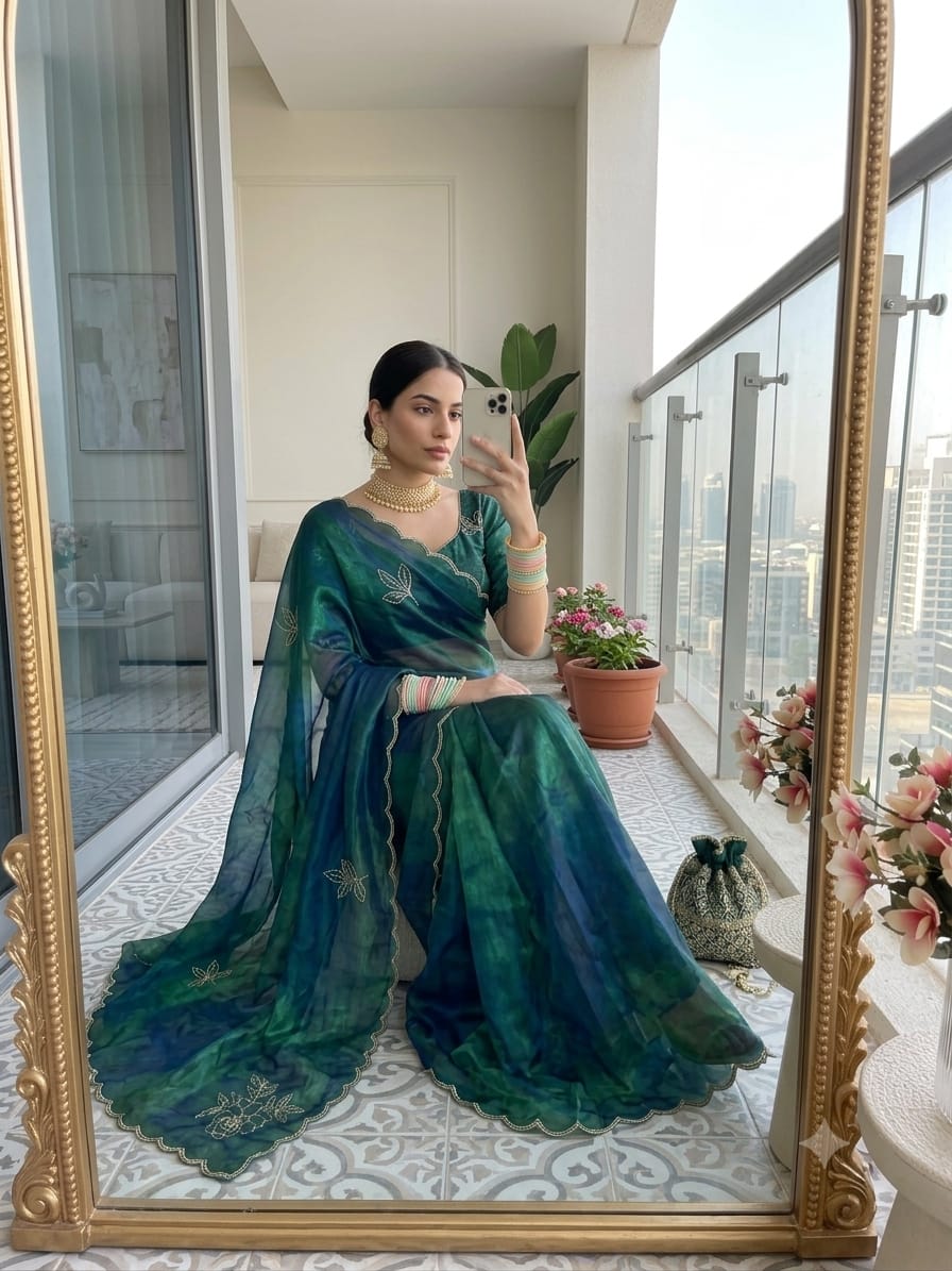 Sunflower Space Silk Satin Saree with Hand Khatli & Cutdana Work