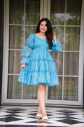 Blue Fox Georgette Mini Dress with Sweetheart Neckline