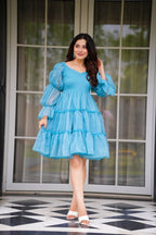 Blue Fox Georgette Mini Dress with Sweetheart Neckline