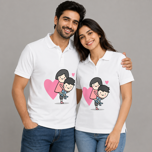 Man and woman wearing matching white polos with cartoon designs and pink hearts on a gray background