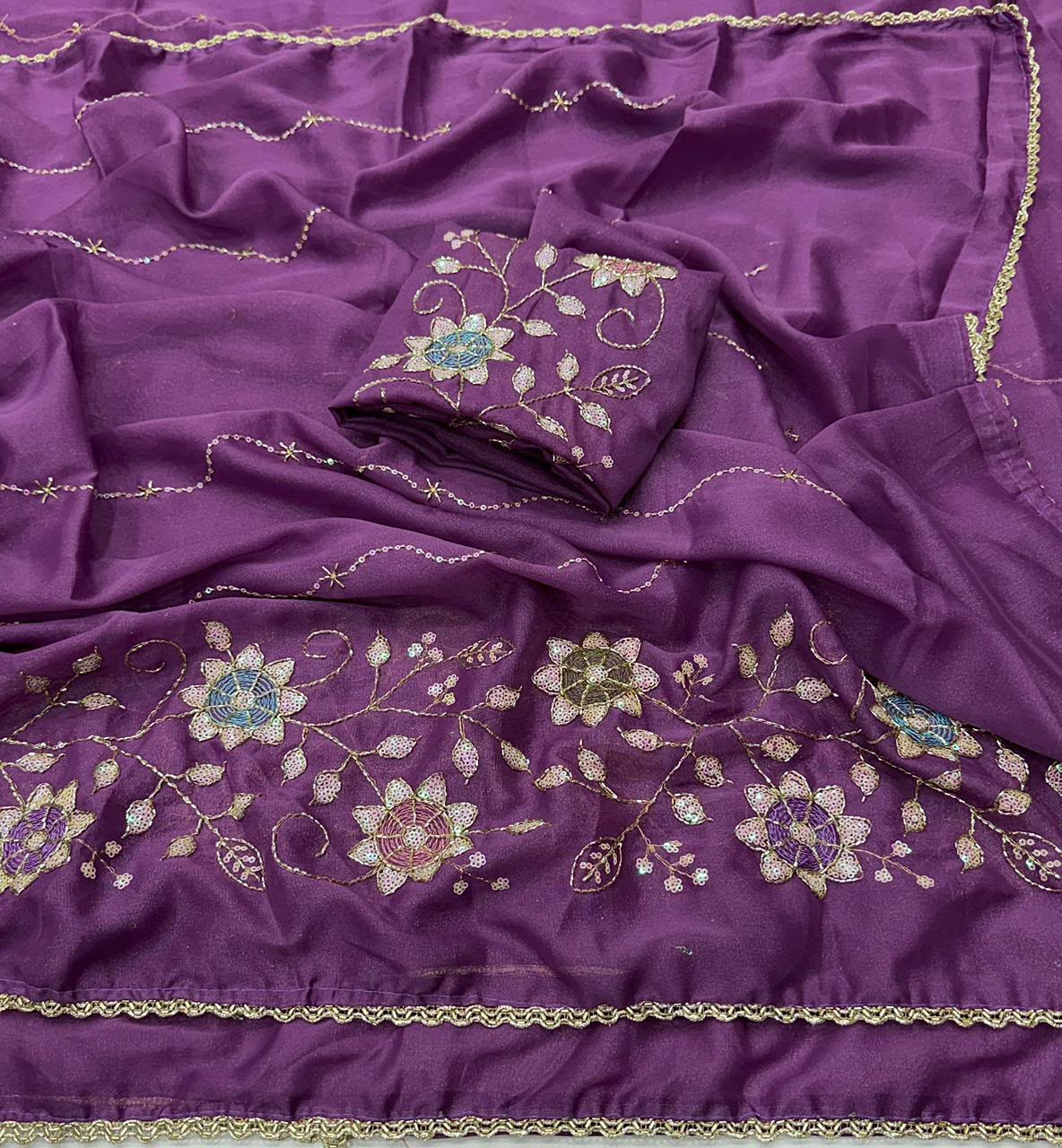 Designer Saree with Heavy Work Blouse & Lace Border