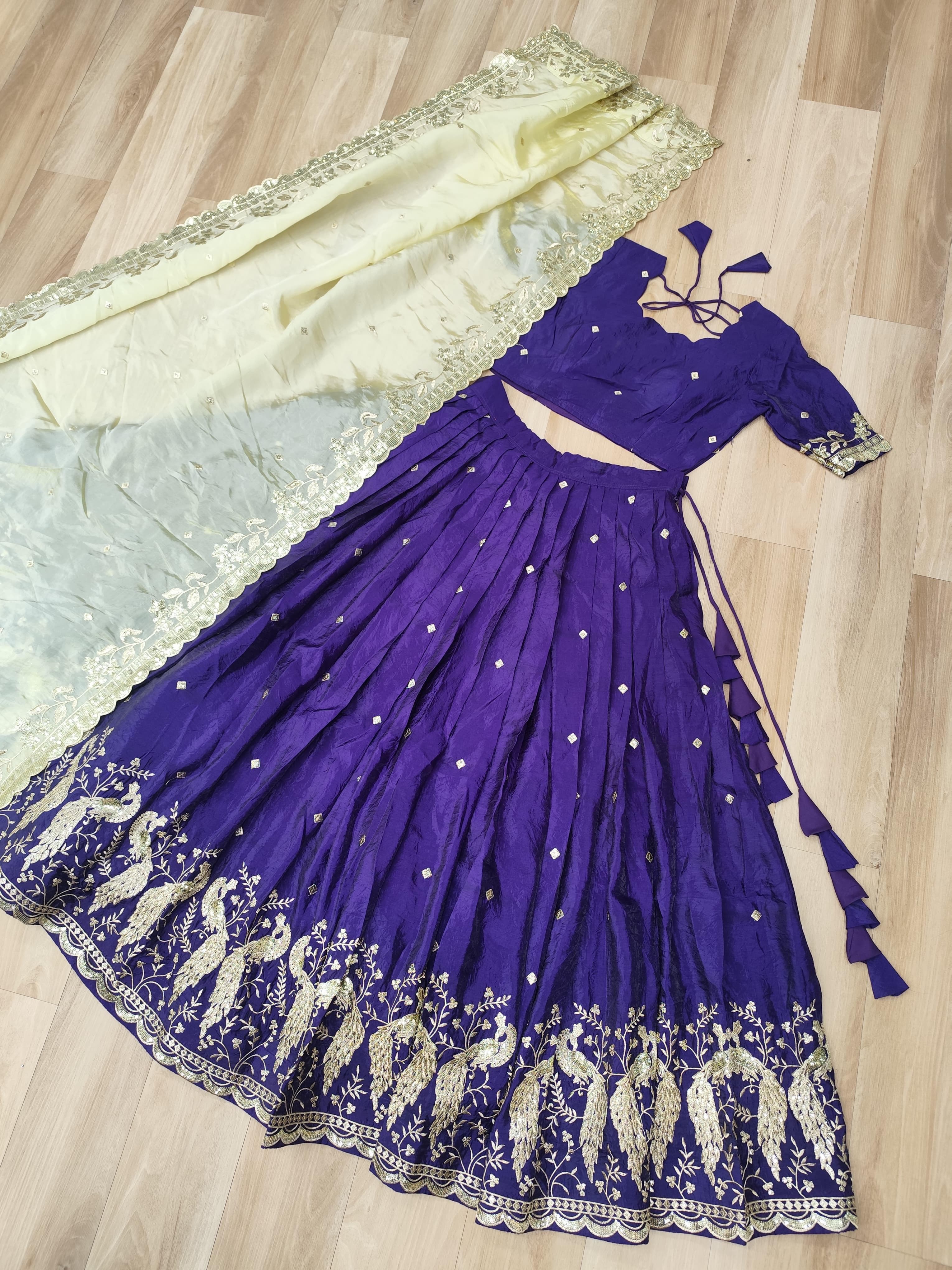 Sequins Embroidered Gold Crush Lehenga Choli Set with Dupatta