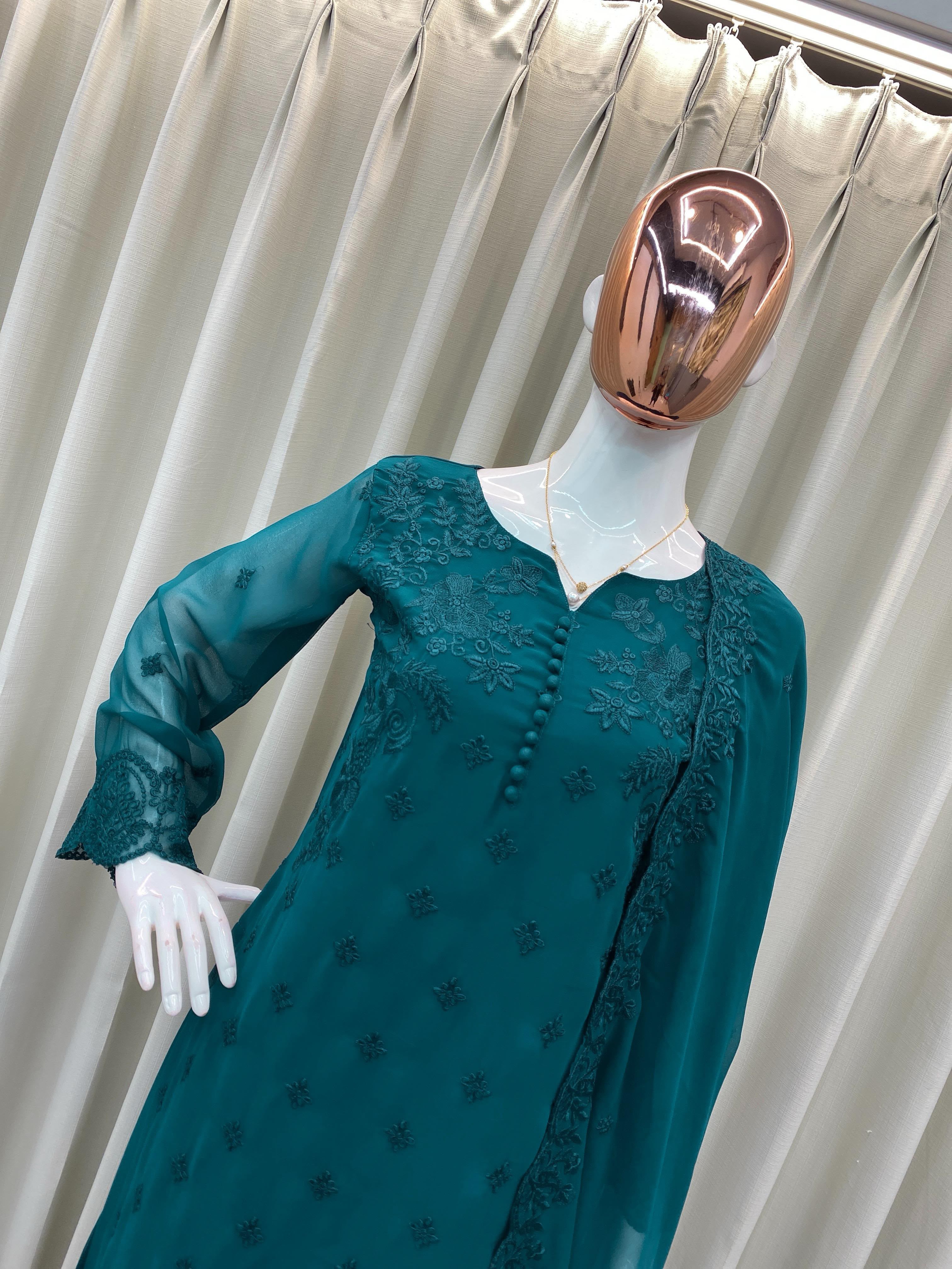 Embroidered Georgette Kurti Pant Set with Dupatta
