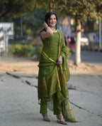 Sleeveless A-Line Cotton Kurti Palazzo Set with Linen Dupatta