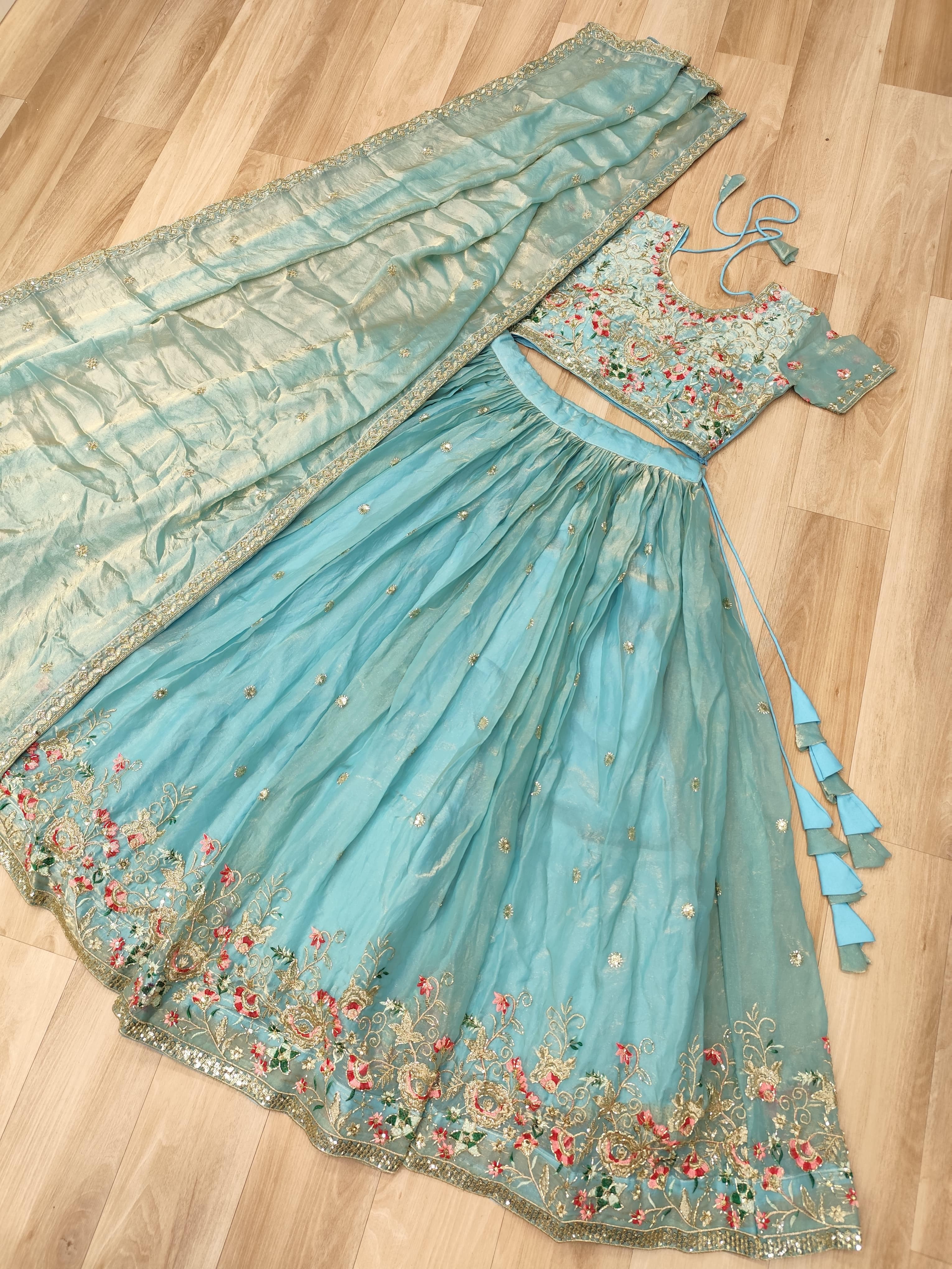 Multi Thread Embroidered Fendi Silk Lehenga Choli Set