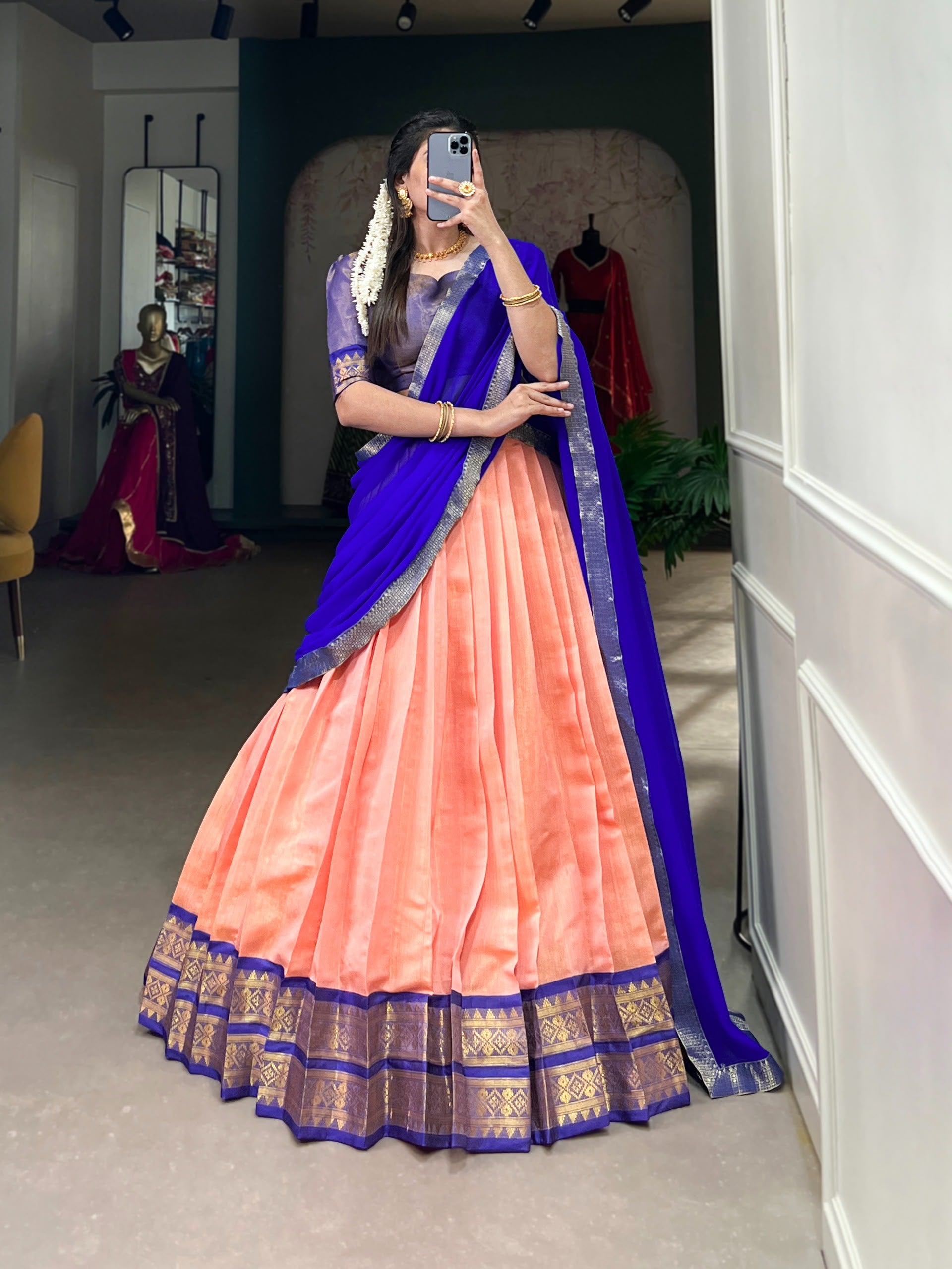 Kanchipuram Style Lehenga Set with Zari Border & Dupatta