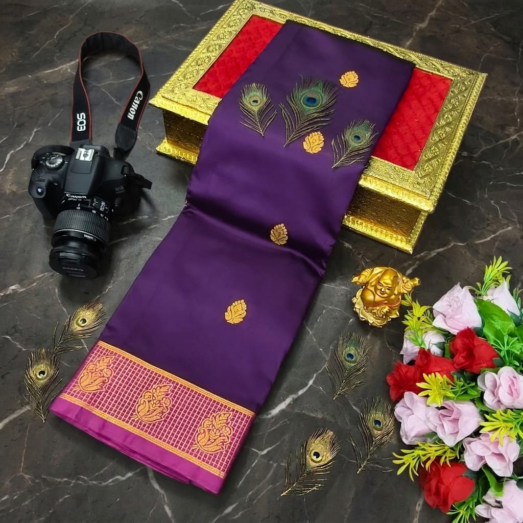 Fusion Korvai Soft Silk Saree with Golden Zari Buttas & Contrast Border