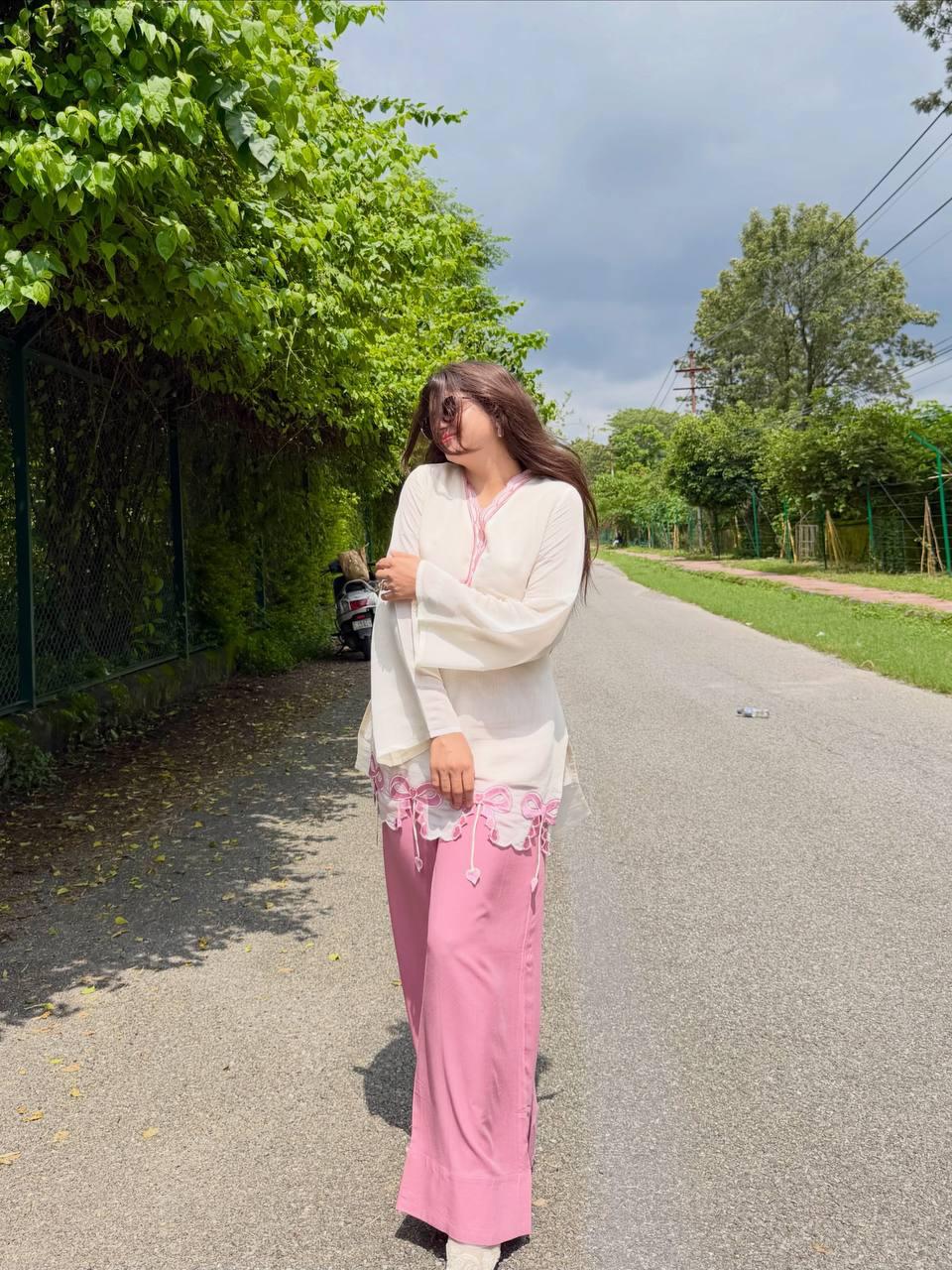 Pure Roman Silk Embroidered Top & Palazzo Set