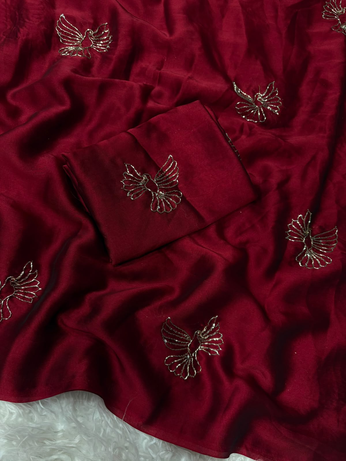 Bird Motif Beaded Rangoli Fabric Saree with Blouse