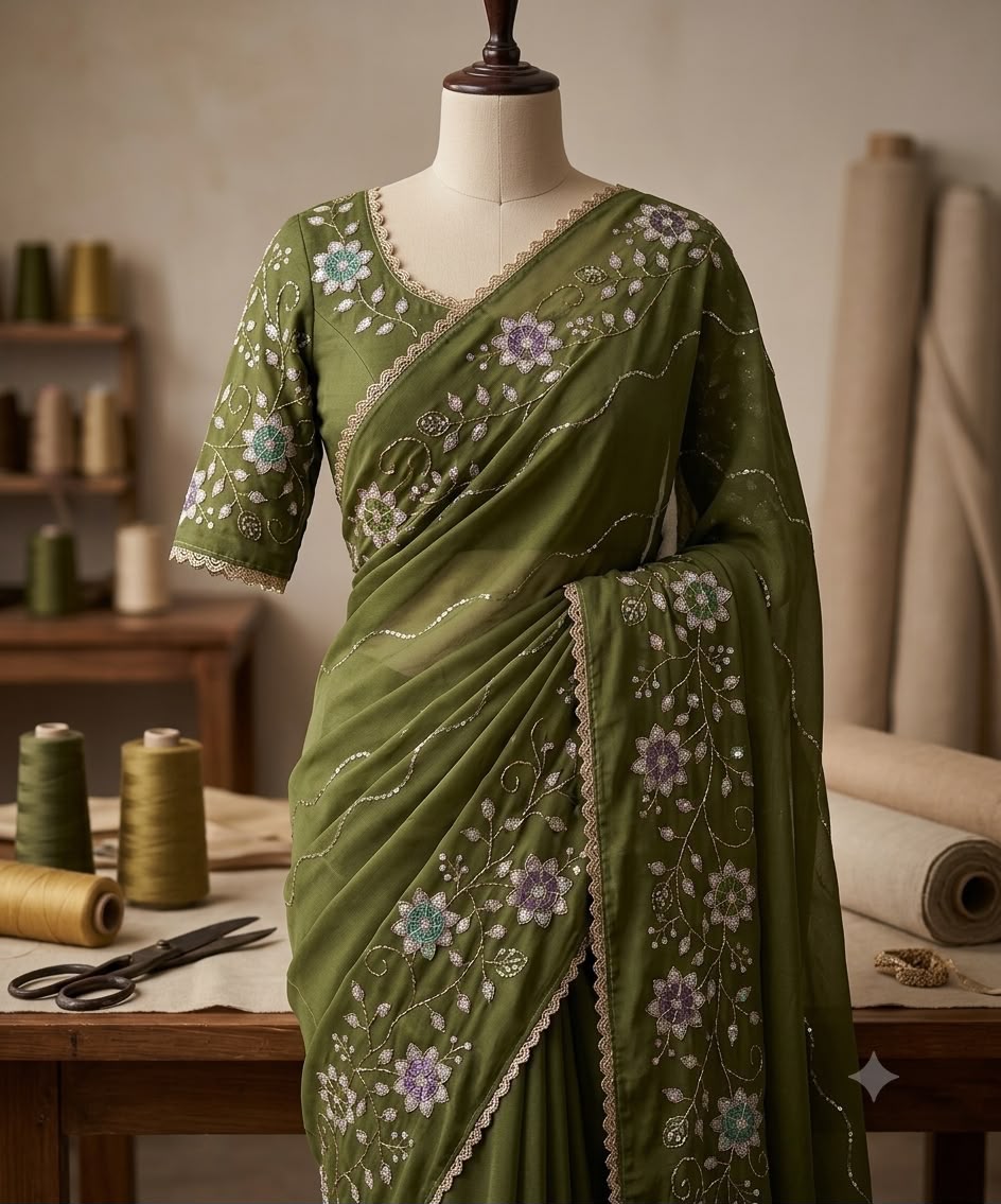 Designer Saree with Heavy Work Blouse & Lace Border