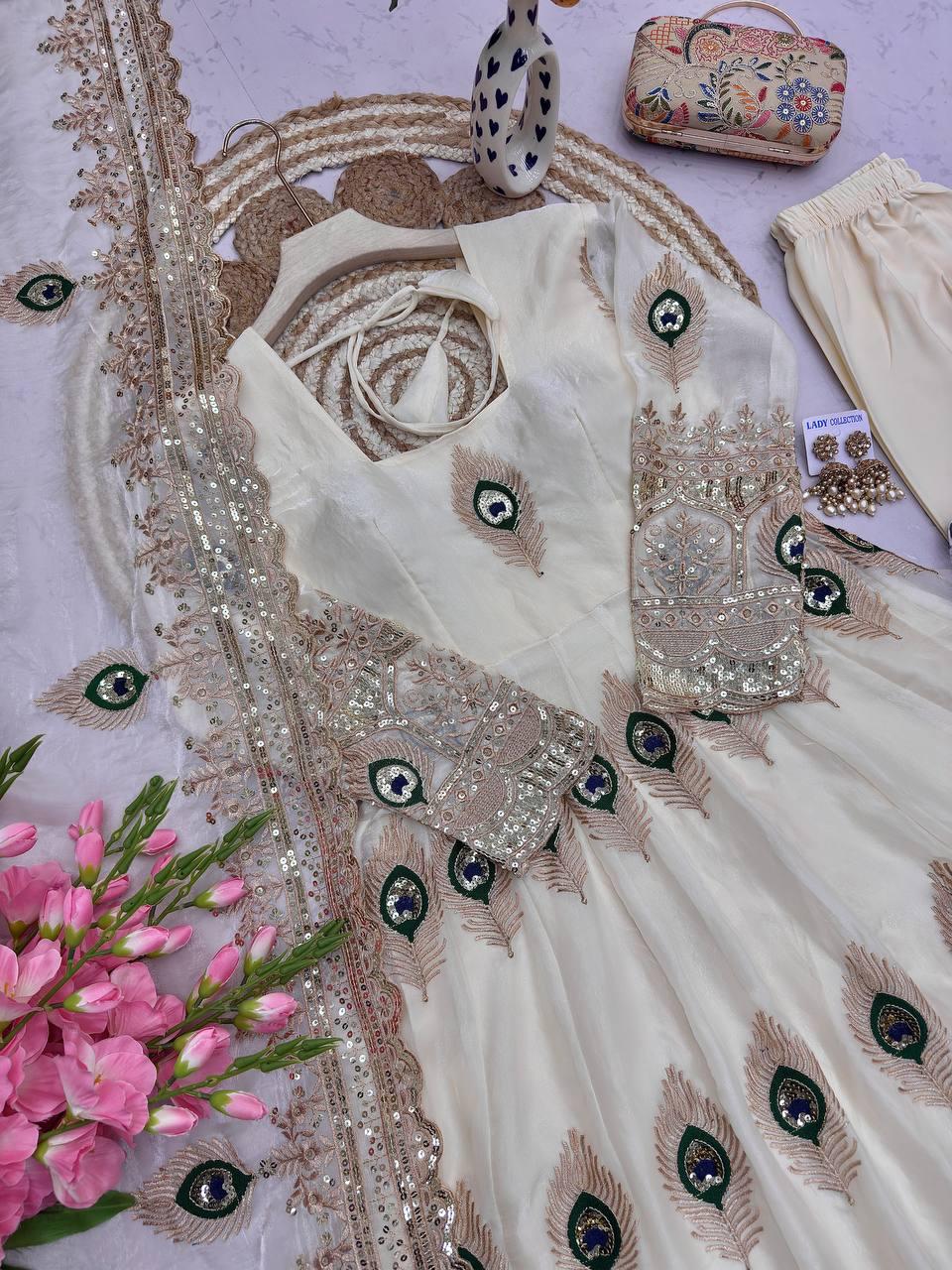 Heavy Fandy Silk Embroidered Gown Set with Zari Sequins Dupatta
