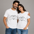 Man and woman wearing white t-shirts with heart design on a gray background