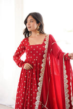 Designer Chinon Silk Anarkali Suit Set with Embroidered Dupatta
