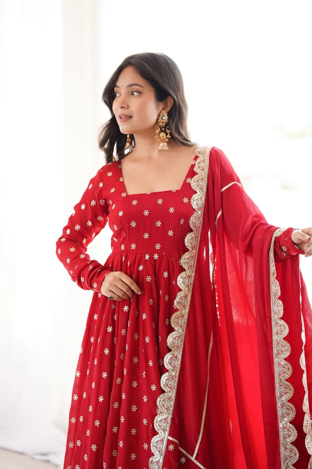Designer Chinon Silk Anarkali Suit Set with Embroidered Dupatta