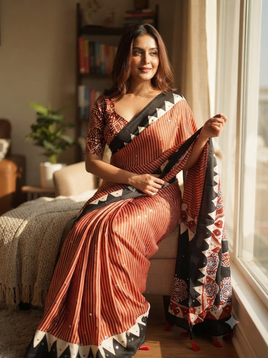 Semi Gajji Silk Ajrakh Print Saree with Mirror Work