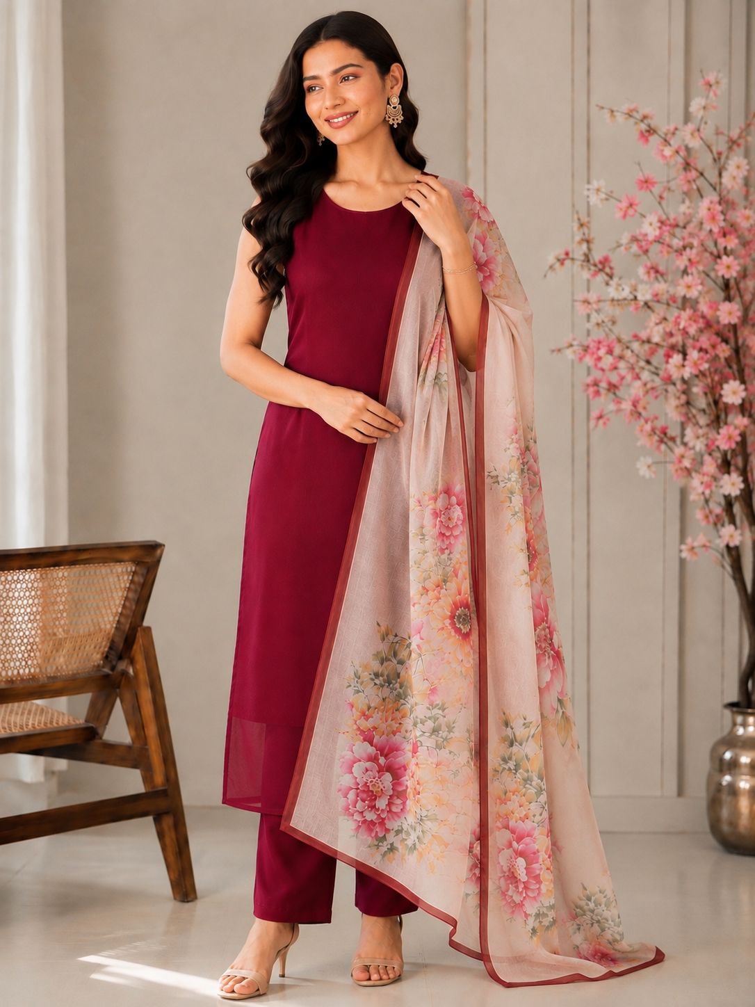 Georgette Kurta with Butter Silk Pant & Printed Cotton Dupatta Set