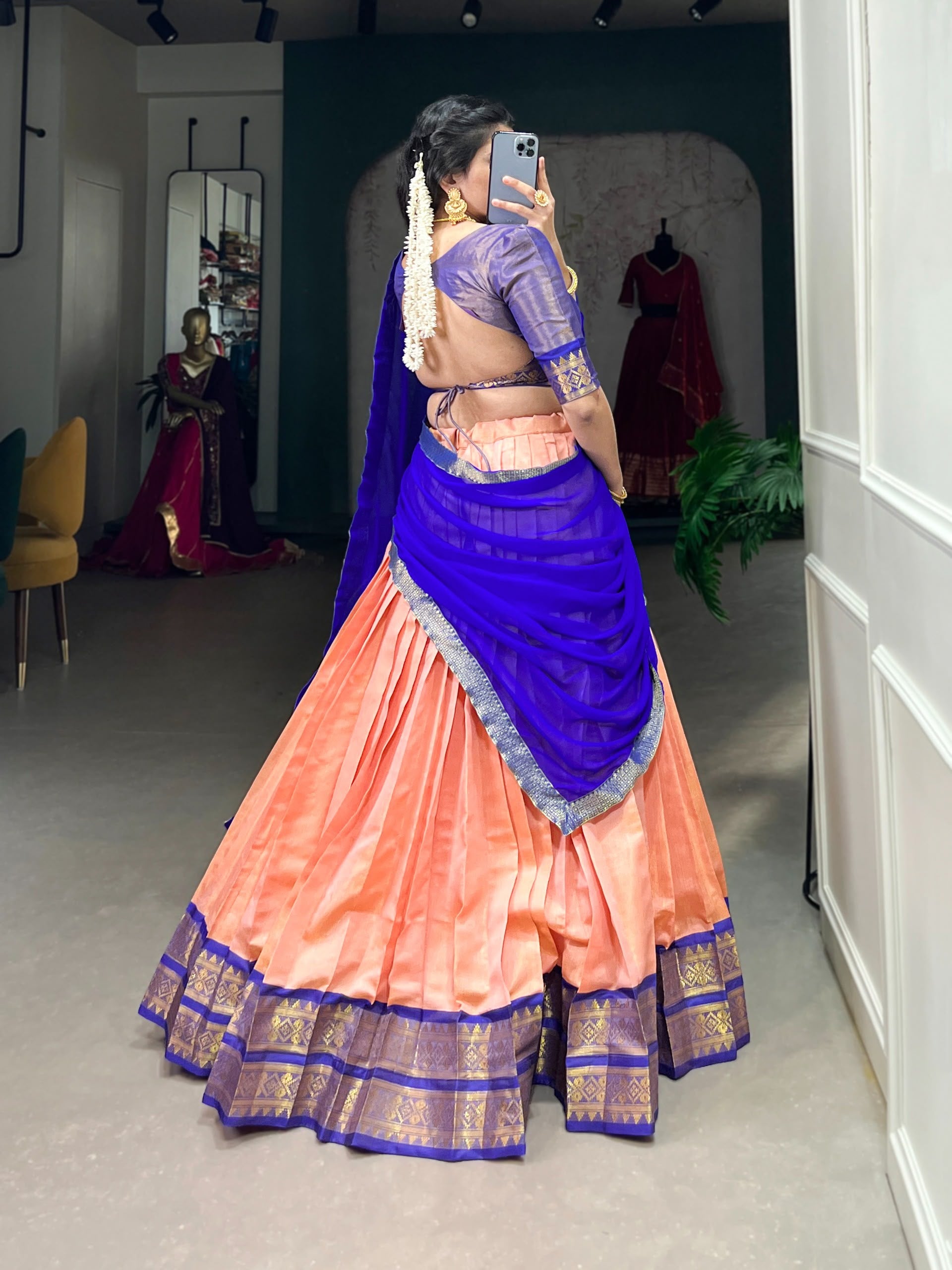 Kanchipuram Style Lehenga Set with Zari Border & Dupatta