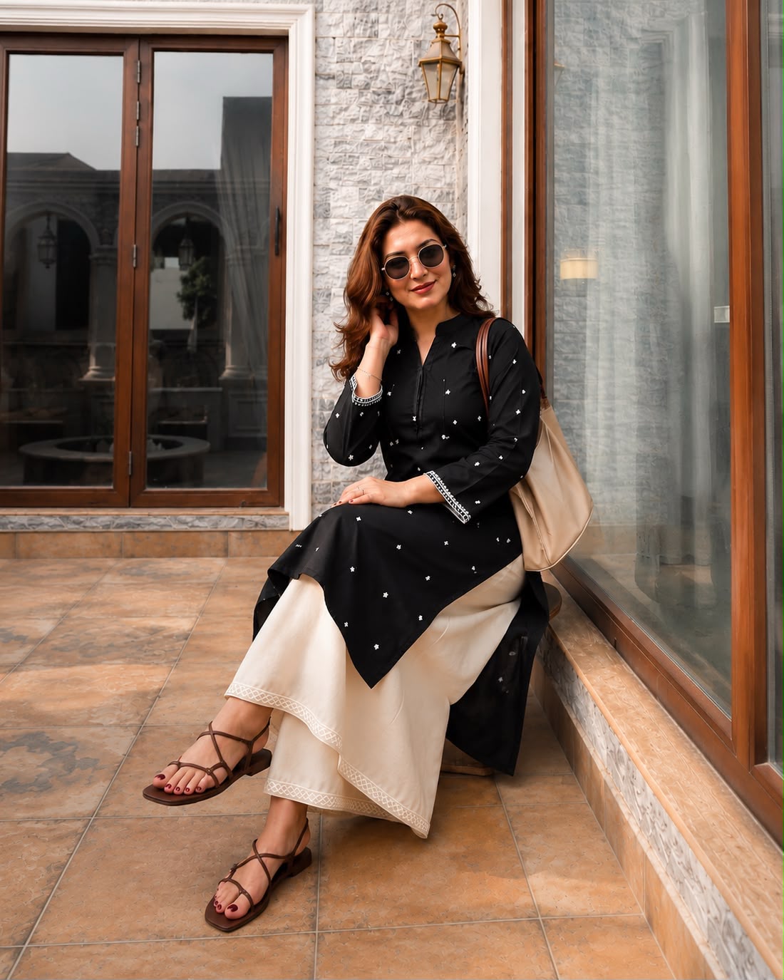 Black Embroidered Cotton Co-Ord Set with Palazzo
