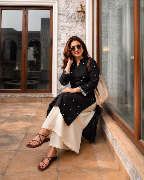 Black Embroidered Cotton Co-Ord Set with Palazzo