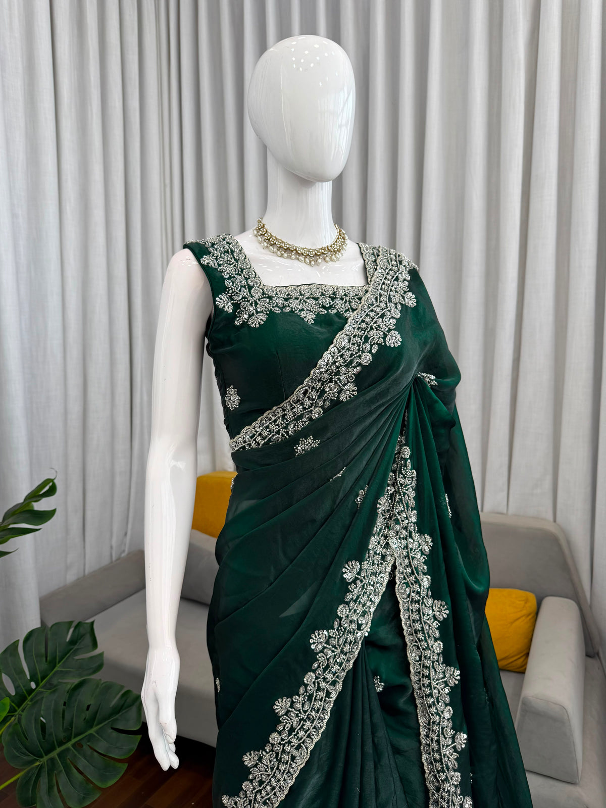 Beads & Sequins Work Fendy Silk Saree with Blouse