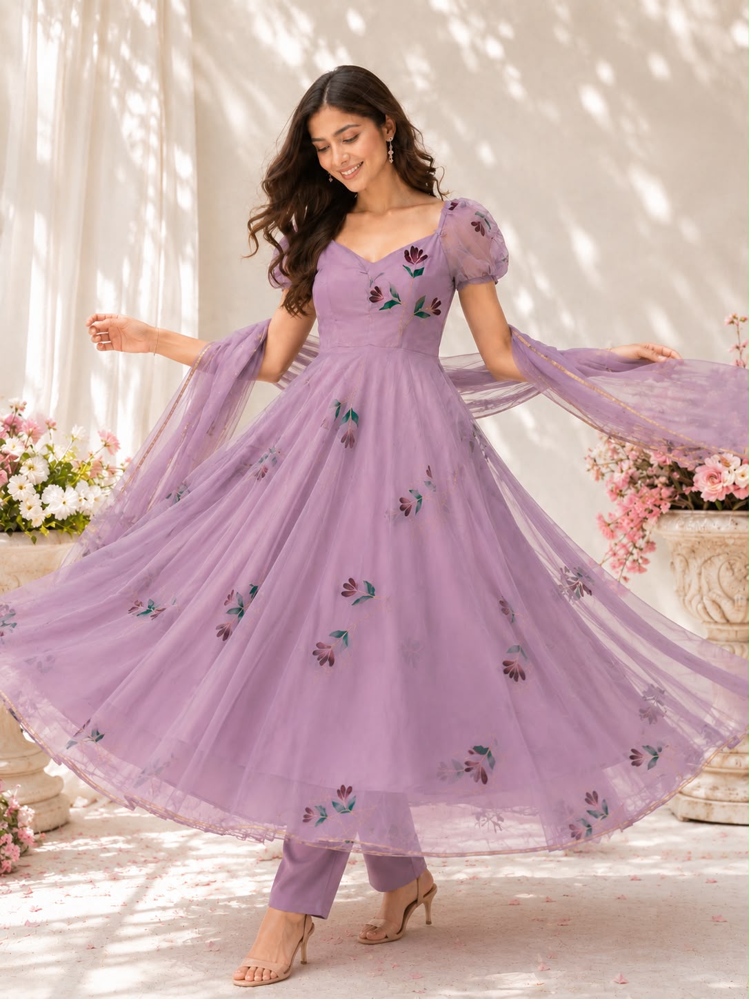 Handpainted Georgette Anarkali Suit Set with Dupatta