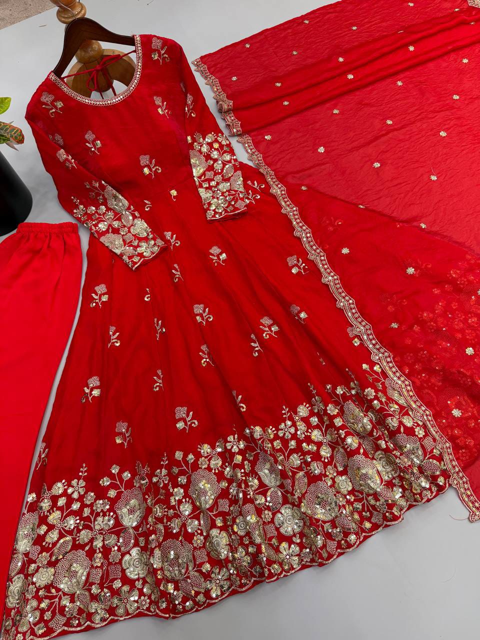 Embroidered Fendy Silk Gown Pant Dupatta Set