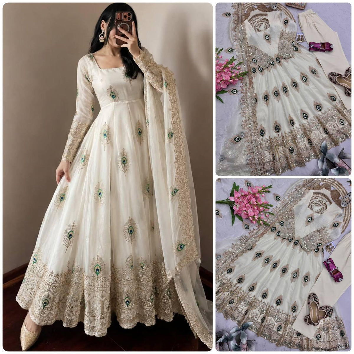 Heavy Fandy Silk Embroidered Gown Set with Zari Sequins Dupatta