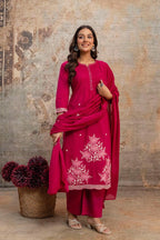 Designer Heavy Cotton Embroidered Kurti Pant Set with Cotton Dupatta