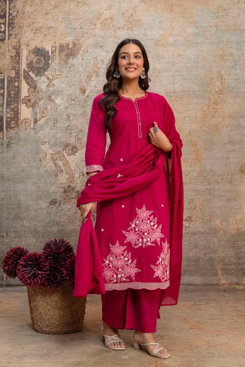 Designer Heavy Cotton Embroidered Kurti Pant Set with Cotton Dupatta