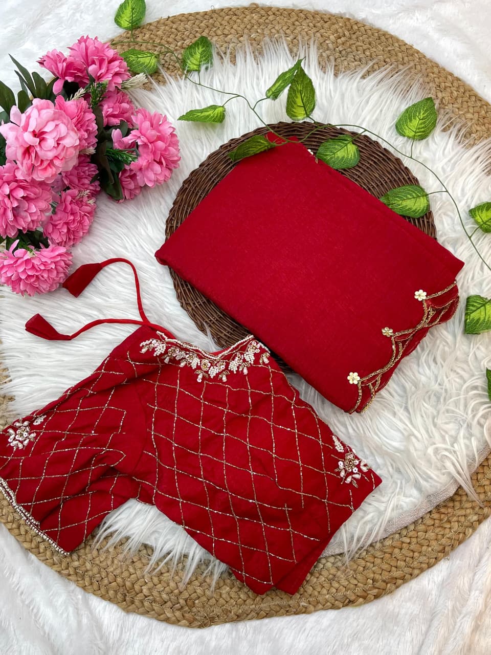 Crunchy Silk Khatli Work Saree with Handwork Blouse