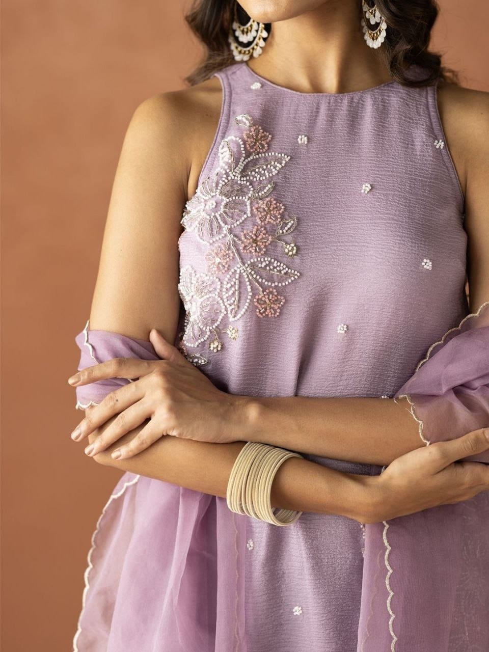 Crunchy Silk Embroidered Kurti Palazzo Dupatta Set
