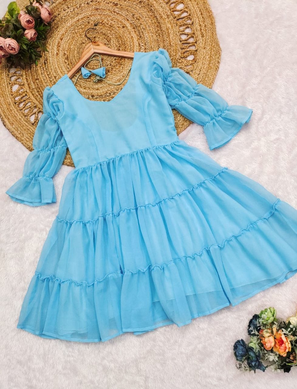 Blue Fox Georgette Mini Dress with Sweetheart Neckline