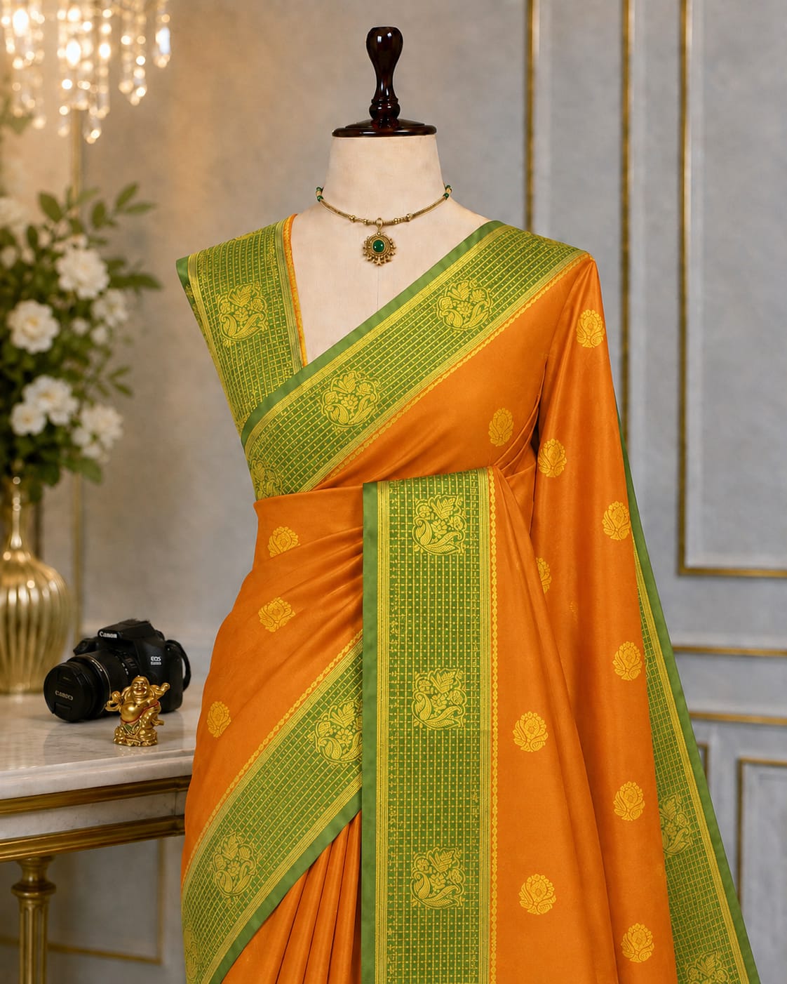 Fusion Korvai Soft Silk Saree with Golden Zari Buttas & Contrast Border