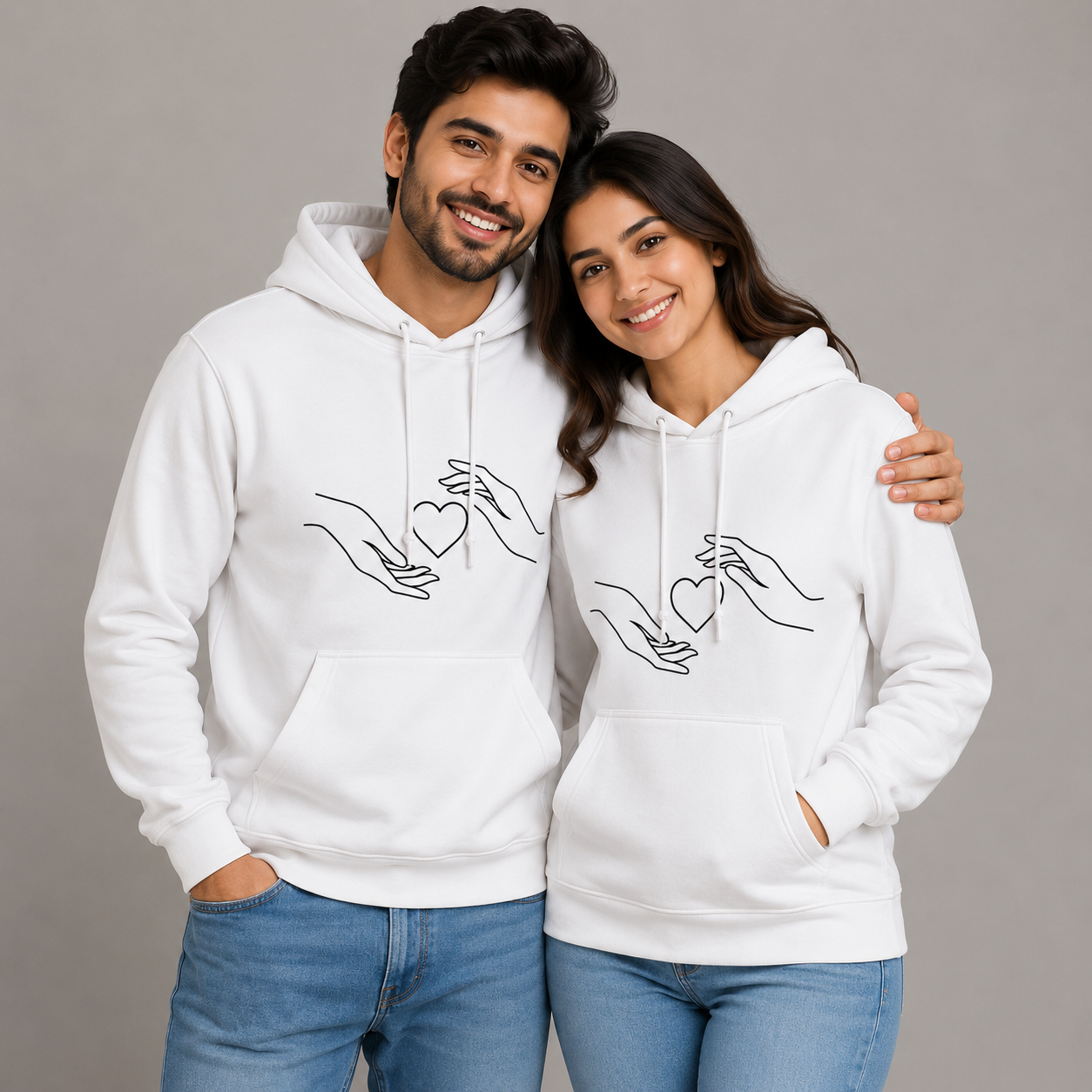 Man and woman wearing white hoodies with heart design on a gray background