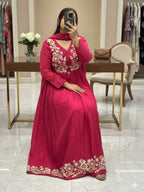 Embroidered Cotton Anarkali Kurti Pant Set with Dupatta