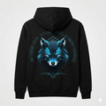 Black hoodie with a wolf graphic and text on the back against a light gray background