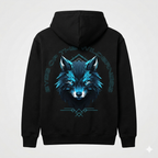Black hoodie with a wolf graphic and text on the back against a light gray background